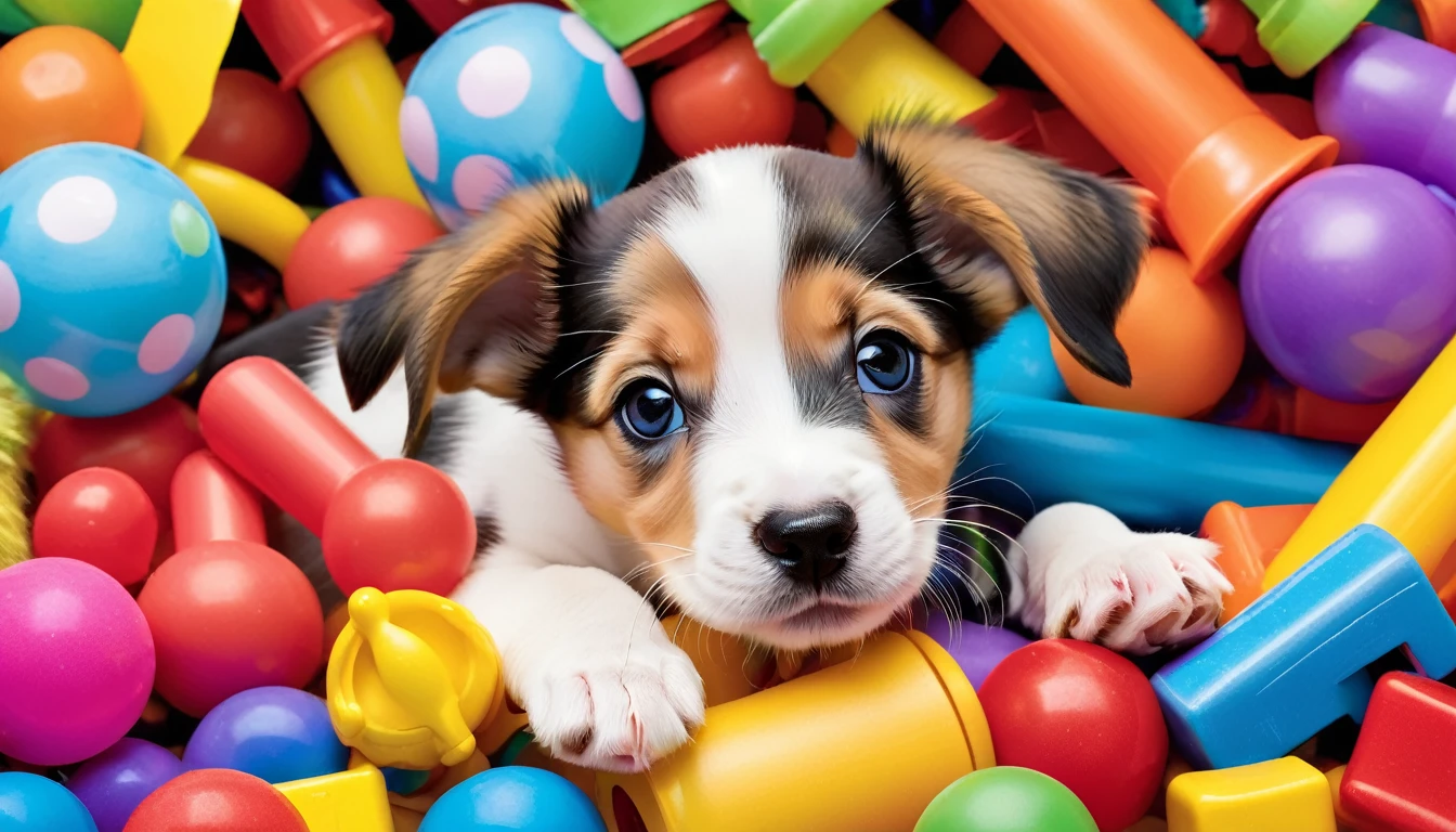 A mischievous puppy with floppy ears and a wagging tail, peeking out from behind a pile of colorful toys, ready for a day of play.