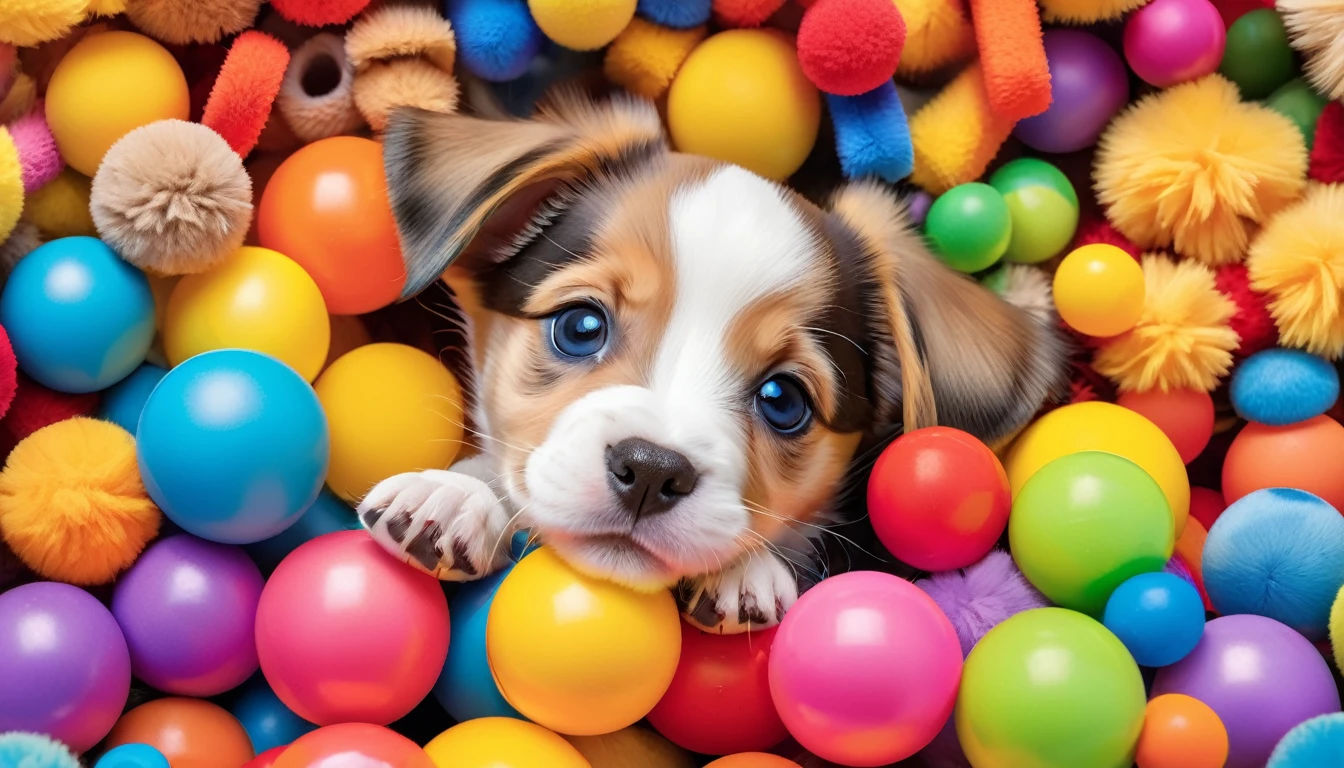 A mischievous puppy with floppy ears and a wagging tail, peeking out from behind a pile of colorful toys, ready for a day of play.