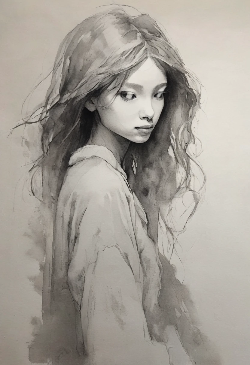 (highest quality, High resolution, masterpiece:1.2), Super detailed, actual:1.37, Black ink sketch, smooth lines, Expressive facial expressions and gestures, simple background, Emphasis on light and shadow and spatial perception, Plenty of negative space, young girl.Ink Portrait,smooth lines,Expressive facial features,Subtle emotions,Ink strength comparison,simple background,Emphasis on light and shadow,wide々It was,Plenty of negative space,peaceful atmosphere,peaceful atmosphere,feels like a dream,Delicate yet fascinating details,pastel colour,Calm and introspective,An elegant gesture,Gentle movements,Calm and innocent,Elegant Whisper,quiet and elegant,shining,sublime beauty,Vector illustration,black and white,Natural and Organic,Nourish、Calming the mind,Sublime simplicity,fantastic charm.