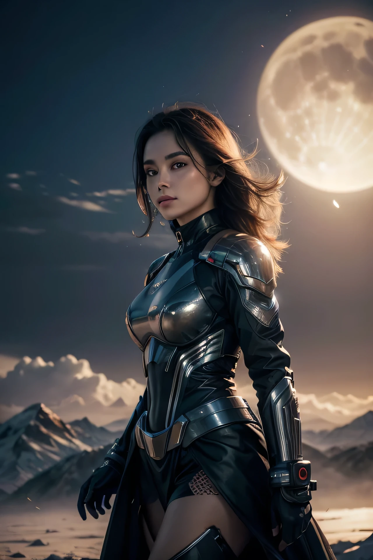 a woman in futuristic costume in a dese landscape with mountains, in the twilight sky two moons, in the background dust being carried by the wind, realistic, high definition