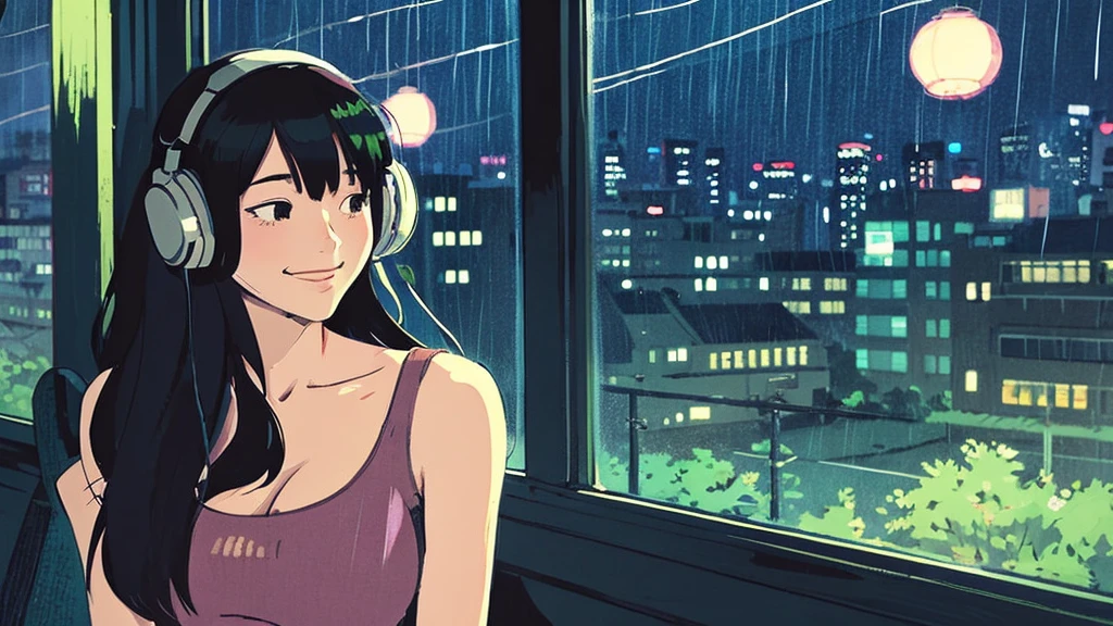 night、Girl listening to music in a cozy room, Use headphones, 2D Style Anime, Rain outside the window、Analog Color Theme、Ghibli style、neon, close up, detailed background, chill, rain outdoor, detailed face, smile, long hair, large breast, crop top, crop, city light, bare shoulder, detailed armpit, cleveage