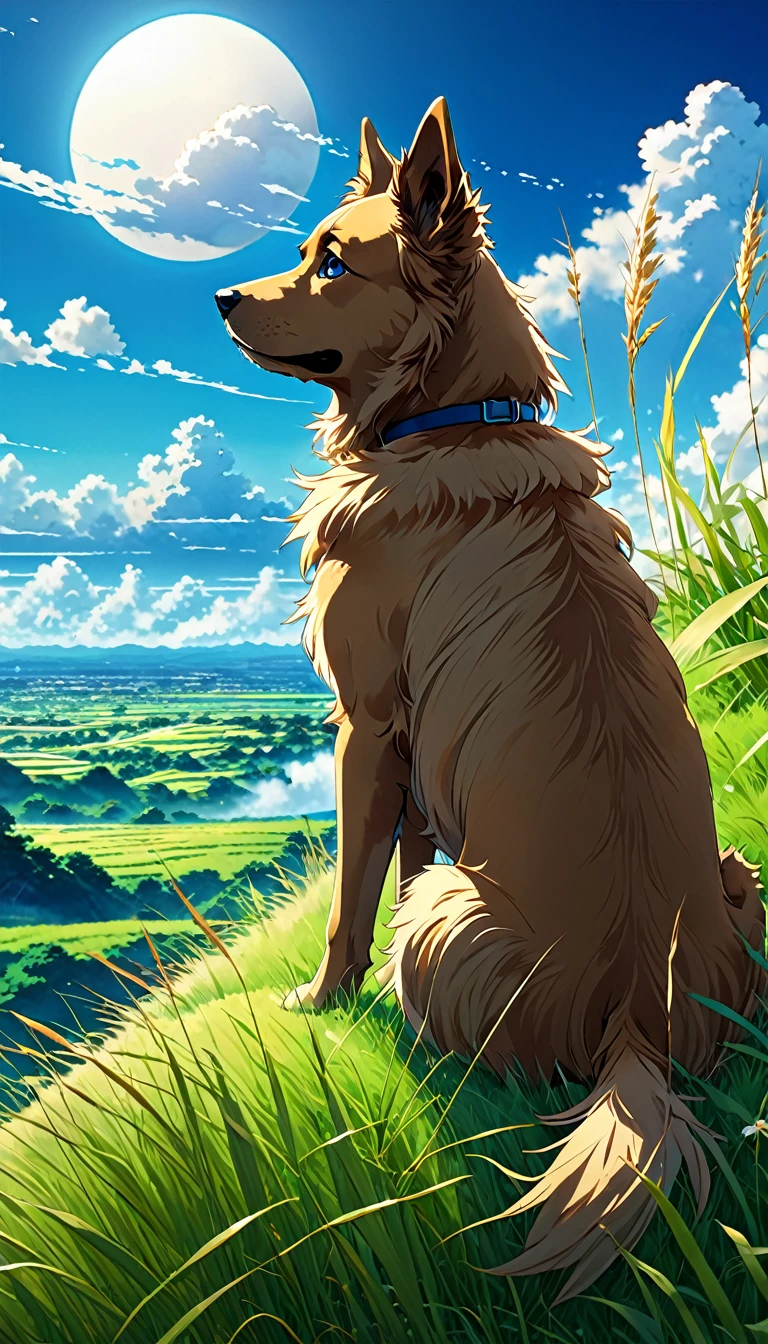 anime landscape of a dog sitting on a hill with tall grasses watching a blue sky with bright white clouds serene sky anime nature wallpapers, beautiful anime scene, beautiful anime peace scene, Makoto Shinkai Cyril Rolando, beautiful anime scene, amazing wallpaper, anime art wallpaper 8k, anime background, artistic anime background, anime wallpaper 4k, anime art 4k wallpaper, anime art 4k wallpaper,