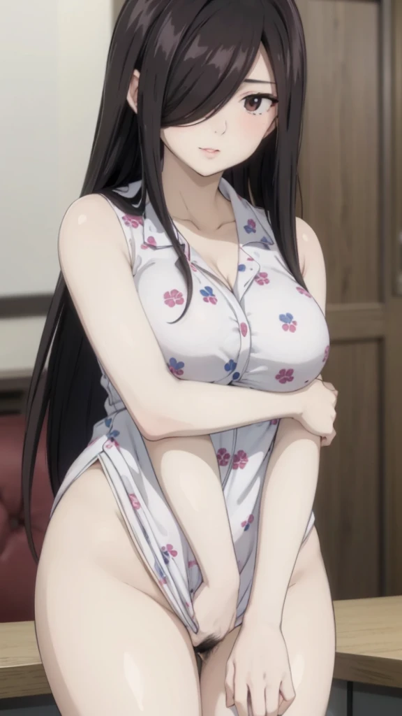 Cute mommy, mature women, realistic skin,perfect ,black hair, long hair, (hair over one eye:1.4), messy hair, hair between eyes, Sexy pajama, chubby,plump,fat,dense pubic hair, extreme pubic hair, Sexy lips, pucker lips,cute shy blush on
