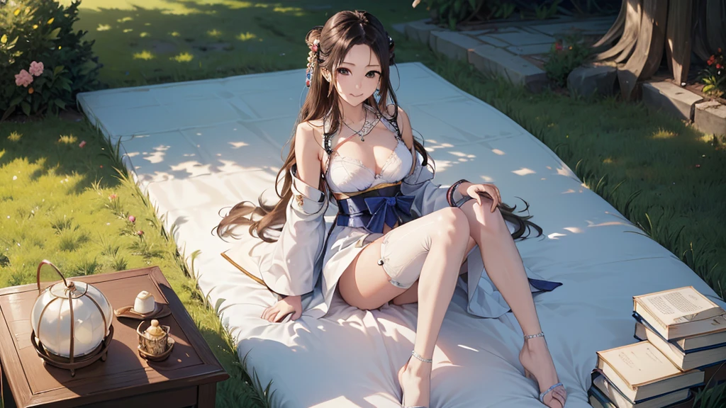 ((Biologically correct limb count))、((Full Body Shot, Full-body photo including face、Head to toe photos))、4K、masterpiece、((Focus on the face))、((Symmetrical facial features))、Eyes of meticulous depiction、One beautiful woman、Excellent style、((bra、Garter belt and garter stockings、High heels))、Detailed Description、Small earrings、necklace、Low - Angle、Looking up、The moment she puts on her furisode and pulls down her pants、(((足のBook数は2Book)))、smile、Early summer morning in the park