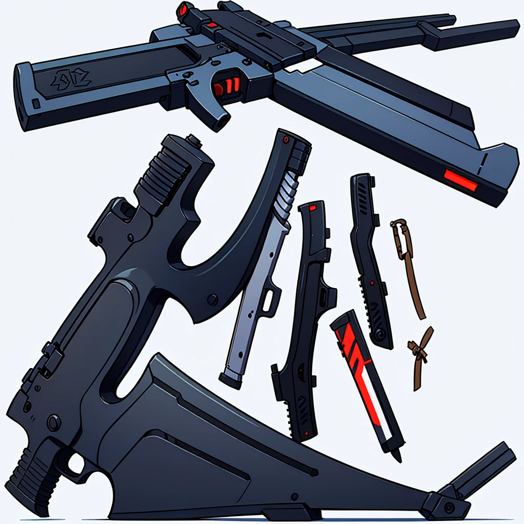 A number of handguns pointed sideways are depicted on a white background.、Game weapon design、Weapon Design、Pistol Design、Weapon concept art、Anime style firearms、weapons