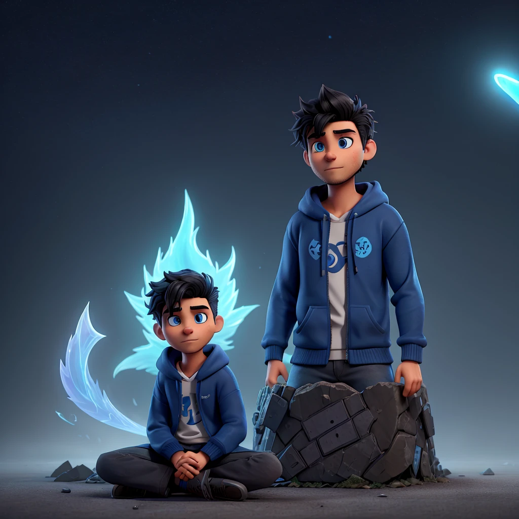 Create a digital artwork featuring a black-haired character with a beard, wearing a hoodie with the name 'VIRAJ' on it, sitting on large, 3D letters spelling out 'VIRAJ'. The character is holding a sword that emits a blue, mystical flame. Behind the character, place a large, ethereal wolf with glowing blue eyes. Set the scene in an urban environment with mist or fog to create a mysterious atmosphere. The overall theme should be dark, with the character and wolf standing out against the shadowy background. The mood should be cool and fantastical."