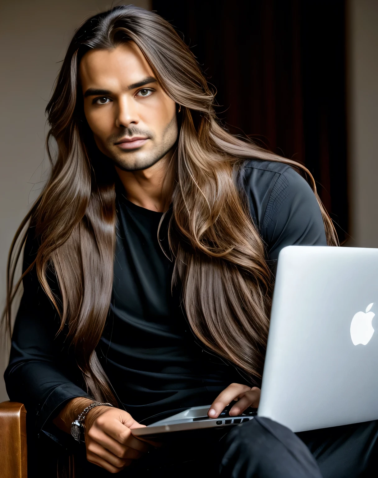 man with long hair sitting on a chair with a laptop, appealing long hair, man with long hair, with long hair, extremely long hair, very long and unkempt hair, long hairstyle, very long flowing hair, face detailed, square jawline, attractive male model, long brown wavy hair, mid long hair, long messy hair, long flowing brown hair, large eyes and flowing long hair, Giulio Berruti 8k