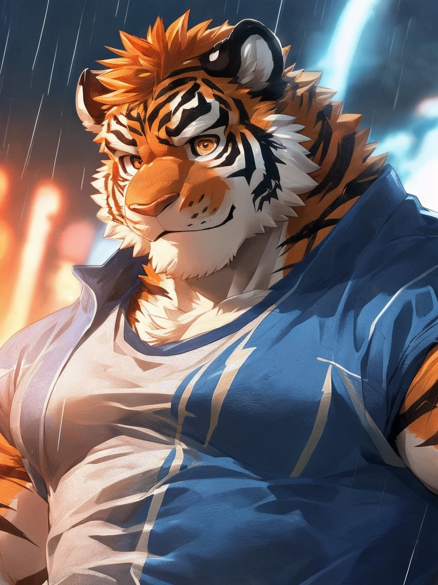 human nature, Wildlife, male,18 years old， solitary, ((Round Face, The face is plump,Orange eyes,Thick orange hair，With scars)), ((Endomorph, Handsome，Hot Blood)), (Sportswear，Light blue and white coat，Wear a sports cap), ((domestic tiger, tiger，) Fluffy fur, Fluffy), Bokeh, (high quality, high resolution, masterpiece), (Dynamic Lighting, Vibrant colors，Natural fill light), (Revitalize，harm，Disdain，aggressive), Full body picture (close up), cartoon, author：Takemoto Arashi, From zixiong, By Chunni, author：Empty Ghost，（background：Raining dead city）