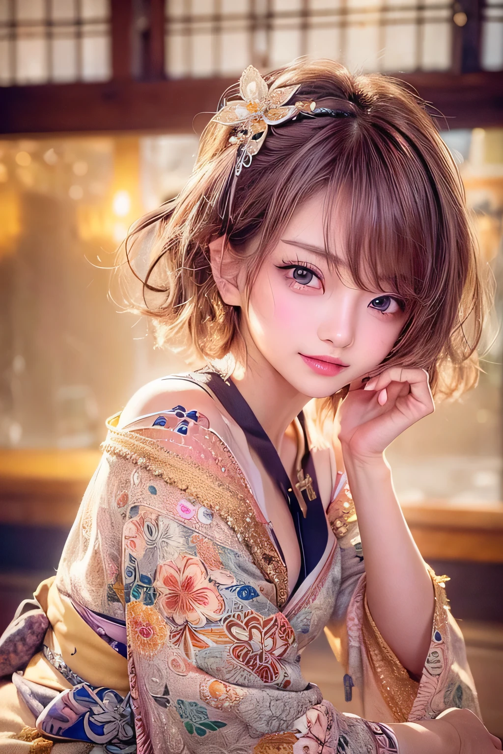 masterpiece, 1 Beautiful girl, Fine grain, highest quality, Ultra High resolution, (reality: 1.4), Cinema Lighting, Beautiful Skin, (Ultra-realistic), (High resolution), (8k), (Very detailed), ( Best illustrations), Pouting slightly,  (Crystal colorful lights), Extremely refined and beautiful, beautiful detailed eyes, Round eyes, detailed facial features, (Round pupils:1.4), (alluring face), Glistening Lips, smile, (small breasts:1.3), Open lips, (Beautiful and detailed face, Beautiful and delicate eyes), pink cheek, mascara, brown hair, short hair, (cleavage:1.3), (see through:1.1), Exposed thighs, Beautiful thighs, Showing off thighs, (wearing a worn-out kimono:1.3), night, (cross legs:1.3), Seduction, Seduction pose, Exposed thighs, Sitting in a chair, sushi bar,