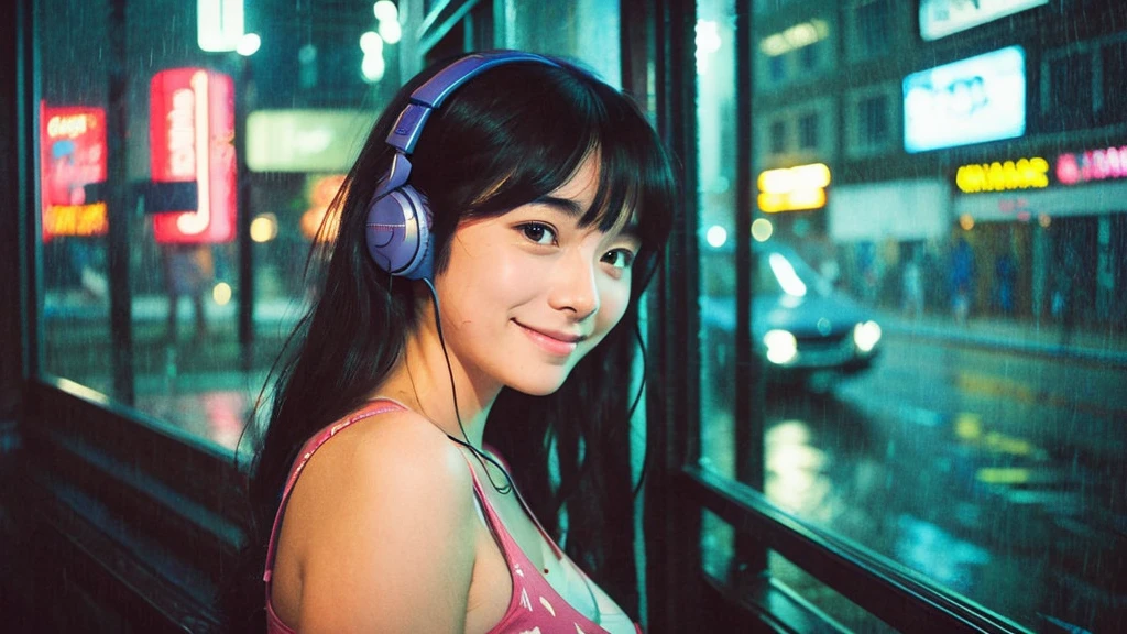 night、Girl listening to music in a cozy room, Use headphones, 2D Style Anime, Rain outside the window、Analog Color Theme、Ghibli style、neon, close up, detailed background, chill, rain outdoor, detailed face, smile, long hair, large breast, crop top, crop, city light, bare shoulder, detailed armpit, cleveage