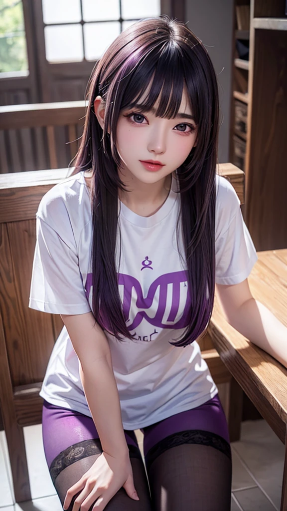 ultra detailed、extremely detailed CG
unity 8k wallpaper、extremely detailed CG	、production art、5 girls、shirt/t-shirt、pantyhose/stockings、erect nipples、Purple Hair、Bite