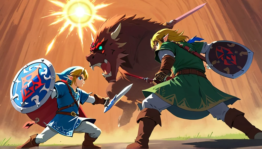 Link with the Hylian shield fights Ganondorf ghibli style and miyamoto draw style
