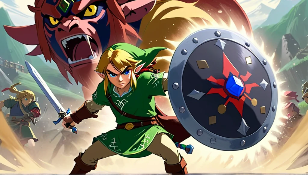Link with the Hylian shield fights Ganondorf ghibli style and miyamoto draw style