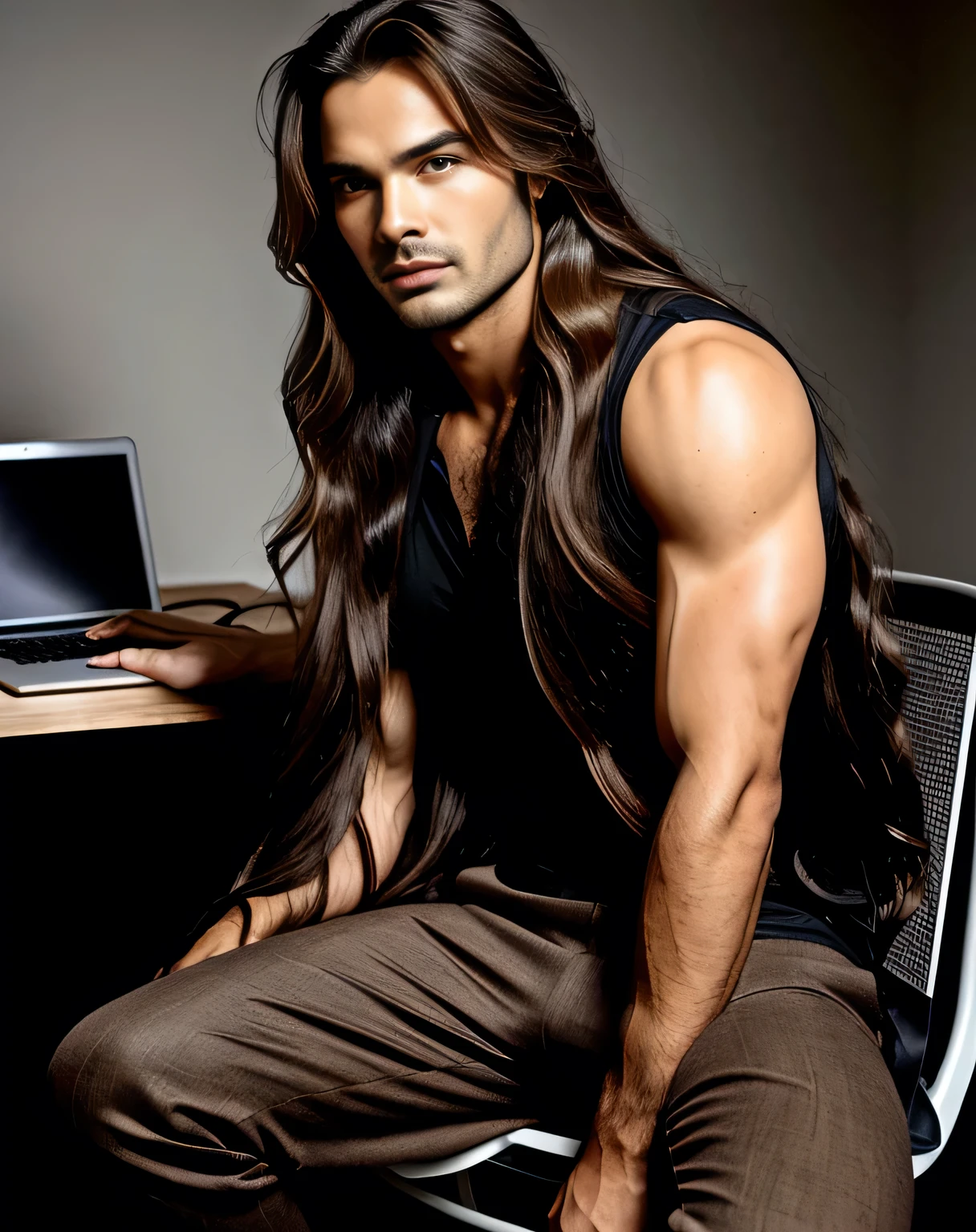 man with long hair sitting on a chair with a laptop, appealing long hair, man with long hair, with long hair, extremely long hair, very long and unkempt hair, long hairstyle, very long flowing hair, face detailed, square jawline, attractive male model, long brown wavy hair, mid long hair, long messy hair, long flowing brown hair, large eyes and flowing long hair, Giulio Berruti 8k