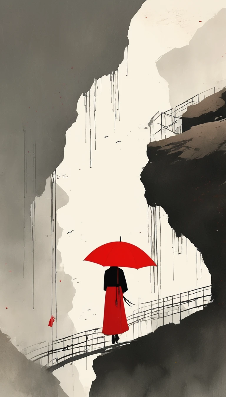 simple,Minimalist illustration,1pcs red umbrella tassel,solitary figure,Cliff Edge,bridge