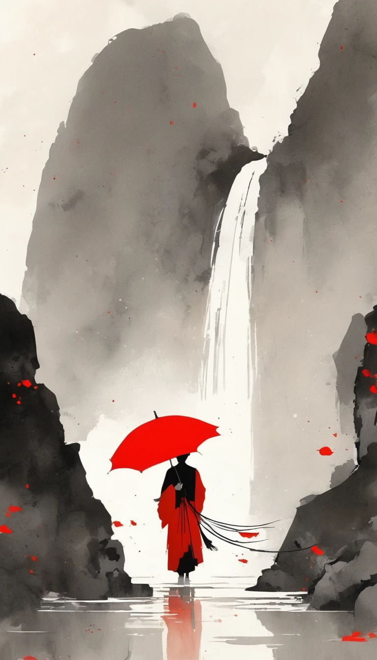 simple，Minimalist illustration，1pcs red umbrella tassel，solitary figure，Cliff Edge，bridge