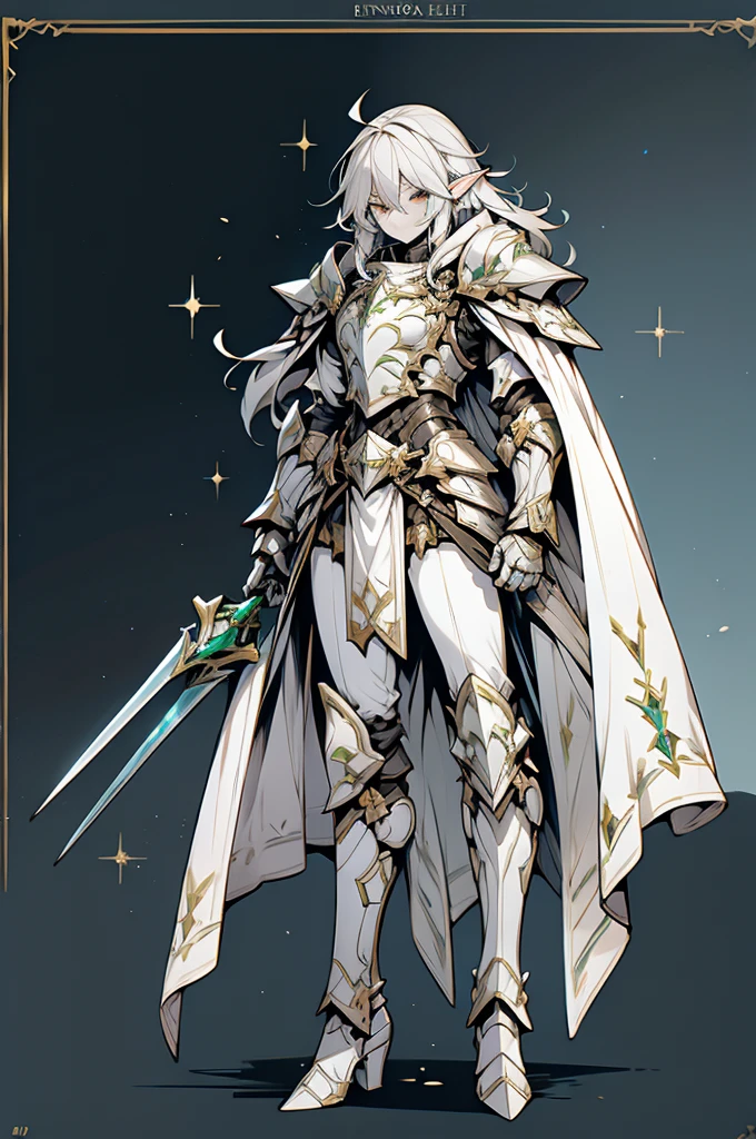 male half elf knight, full body art, silver hair, white skin, emerald iris eye, knight full plate adorned armor, silver cape, perfectly detailed