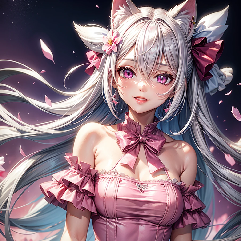 Silver hair, pink eyes, body, cat ears, sexy girl, earrings, flower sky background, pink red clothes, hair bows, happy face