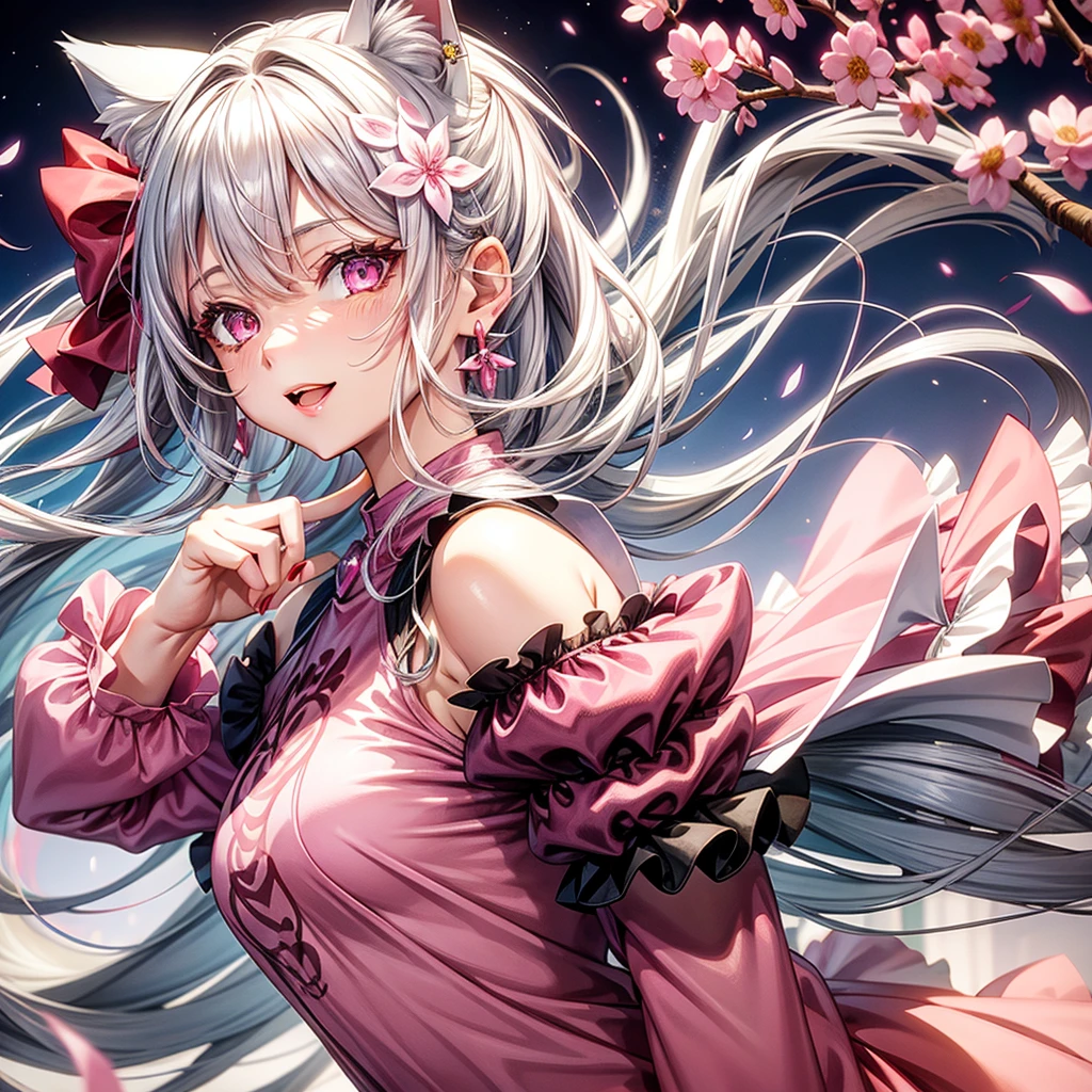 Silver hair, pink eyes, body, cat ears, sexy girl, earrings, flower sky background, pink red clothes, hair bows, happy face