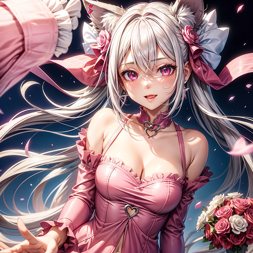 Silver hair, pink eyes, body, cat ears, sexy girl, earrings, flower sky background, pink red clothes, hair bows, happy face