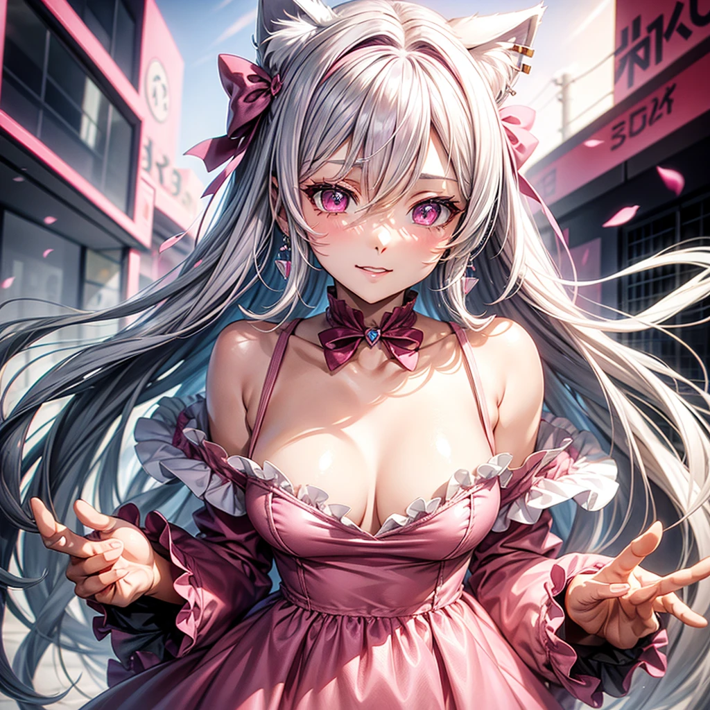 Silver hair, pink eyes, body, cat ears, sexy girl, earrings, flower sky background, pink red clothes, hair bows, happy face