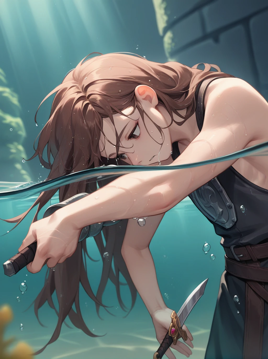 Partially underwater,最high quality,high quality, One girl, Long Hair, Brown Hair, Wet Hair,  Blurred Edges,5 years old,Adventurer,Flat Chest,Pitch-dark underground labyrinth,No light,Leather armor,Equipped with a dagger and a shield,Face above water,Body in water, Underwater Photography,The robe rolls up due to buoyancy