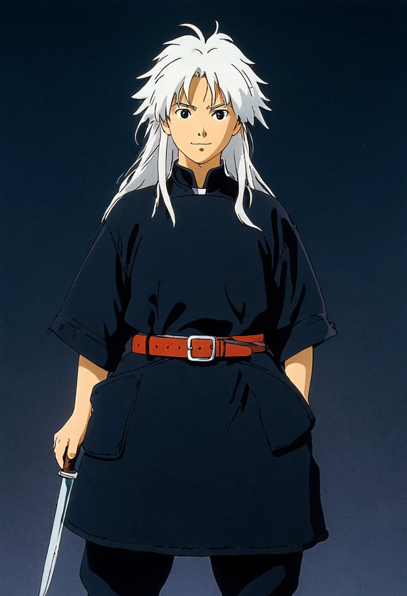 A Ghibli's studio character. With messy white  hair and dark large clothes. Her belt is large and hold some knife 