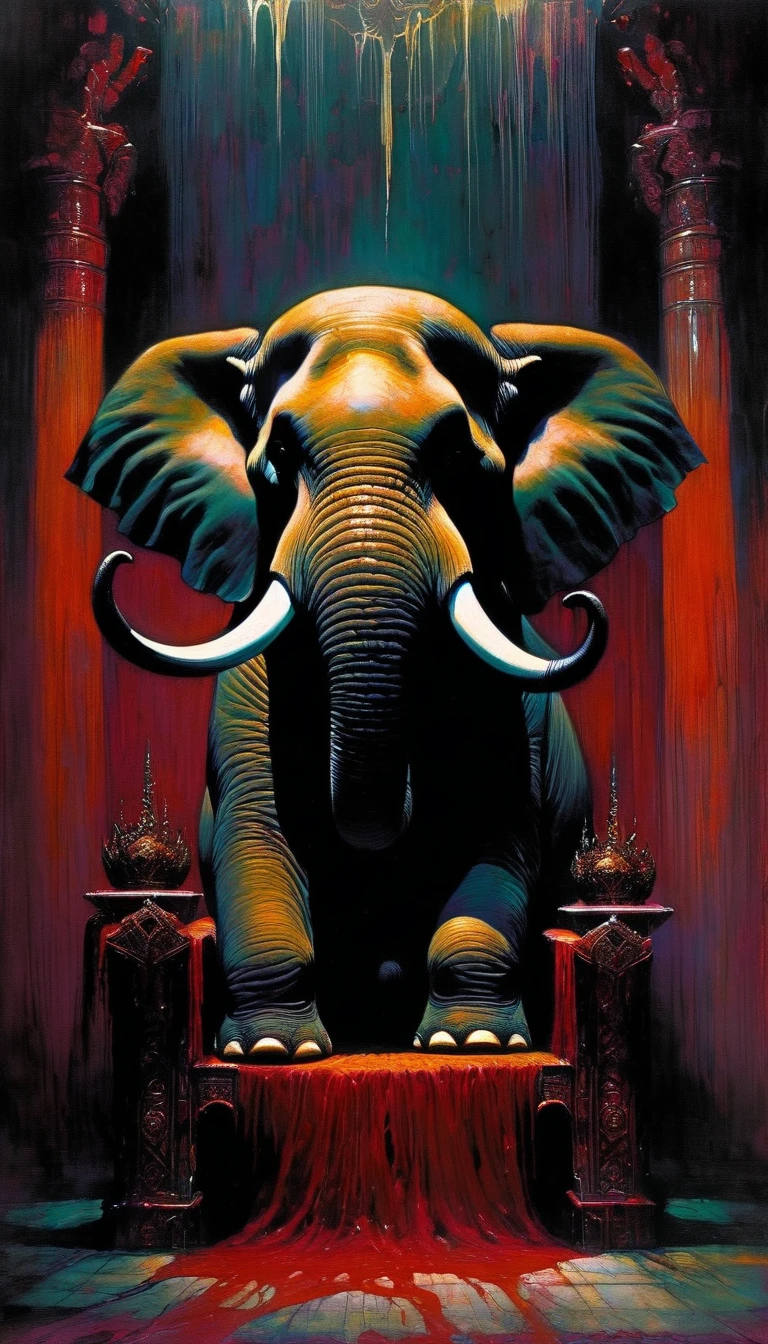 elephant with beefy body, terrifying, sits on its throne with evil look, luxurious and dark palace, horror (art inspired in Bill Sienkiewicz). oil painting) tones