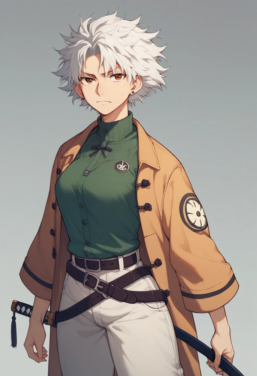 A Ghibli's studio character. With messy white  hair and dark large clothes. Her belt is large and hold some katana 