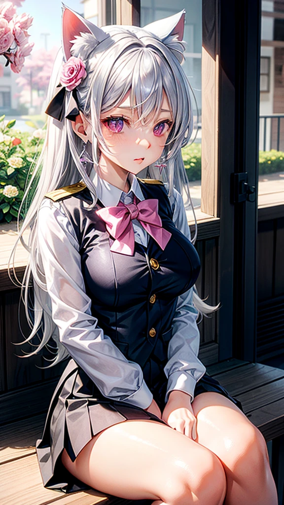 Silver hair, pink eyes, body, cat ears, sexy girl, earrings, flower sun background, uniform, hair bows, sit down