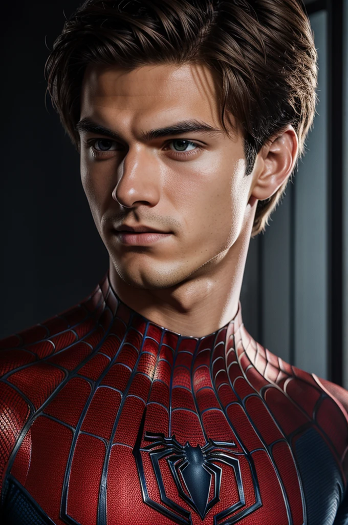 A photograph of spider man, no mask, 20 yo, handsome, detailed face, looking at camera, portrait, 8k uhd, high quality