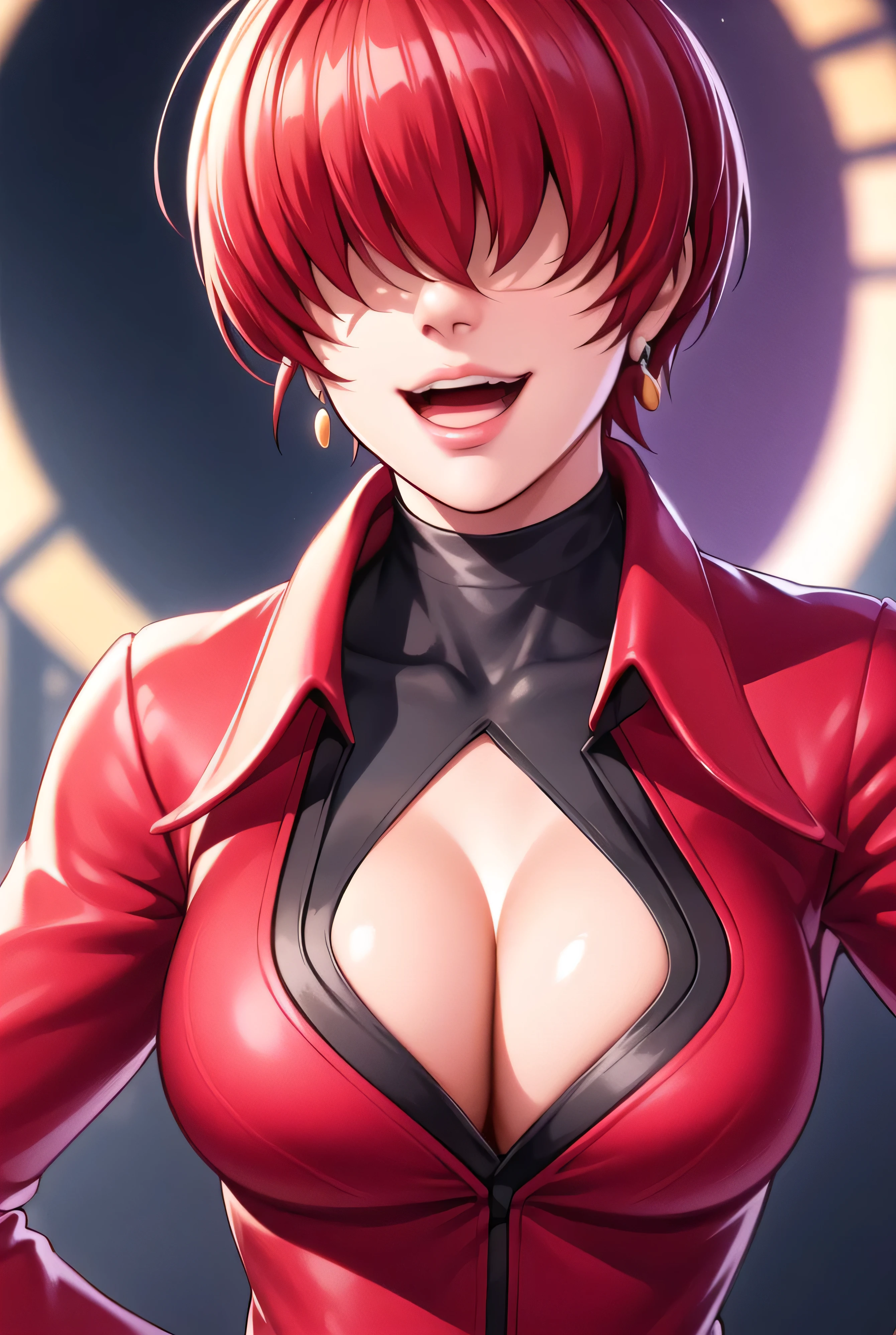 ,
Red outfit,Red jacket,choker, cleavage cutout, clothing cutout, 
earrings,
Red hair,bangs,((hair over eyes)),
1 girl, 20yo,Young female,Beautiful Finger,Beautiful long legs,Beautiful body,Beautiful Nose,Beautiful character design, evil face,
looking at viewer,(Focus on her face),open mouth,too evil_Smile,
official art,extremely detailed CG unity 8k wallpaper, perfect lighting,Colorful, Bright_Front_face_Lighting,shiny skin,
(masterpiece:1.0),(best_quality:1.0), ultra high res,4K,ultra-detailed,
photography, 8K, HDR, highres, absurdres:1.2, Kodak portra 400, film grain, blurry background, bokeh:1.2, lens flare, (vibrant_color:1.2),professional photograph,
(Beautiful,large_Breasts:1.4), (beautiful_face:1.5),(narrow_waist),conceitsmile worst,worst ridecule,evil moukery,conceit,hand on hip,upper body,two hand,