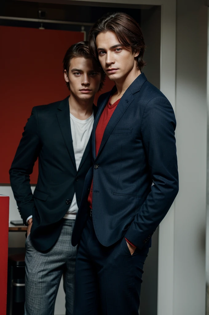 Man, the right eye is blue and the left eye is red, suit shirt, black trousers