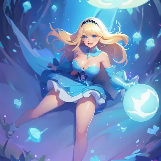 a beautiful 20 year old blonde woman with big messy hair in a blue dress, white stockings, black headband, cleavage, holding a glowing mushroom, fantasy art style, rossdraws cartoon vibrant, alice in wonderland cyberpunk, cute detailed digital art, colorfull digital fantasy art, digital fantasy art ), glossy digital painting, rossdraws pastel vibrant, rossdraws 2. 5, rossdraws 1. 0