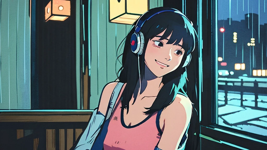 night、Girl listening to music in a cozy room, Use headphones, 2D Style Anime, Rain outside the window、Analog Color Theme、Ghibli style、neon, close up, detailed background, chill, rain outdoor, detailed face, smile, long hair, large breast, ((crop top)), crop, city light, bare shoulder, detailed armpit, cleveage