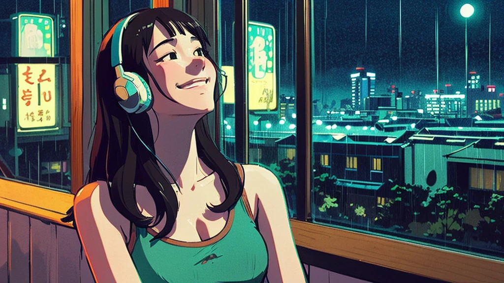 night、Girl listening to music in a cozy room, Use headphones, 2D Style Anime, Rain outside the window、Analog Color Theme、Ghibli style、neon, close up, detailed background, chill, rain outdoor, detailed face, smile, long hair, large breast, ((crop top)), crop, city light, bare shoulder, detailed armpit, cleveage