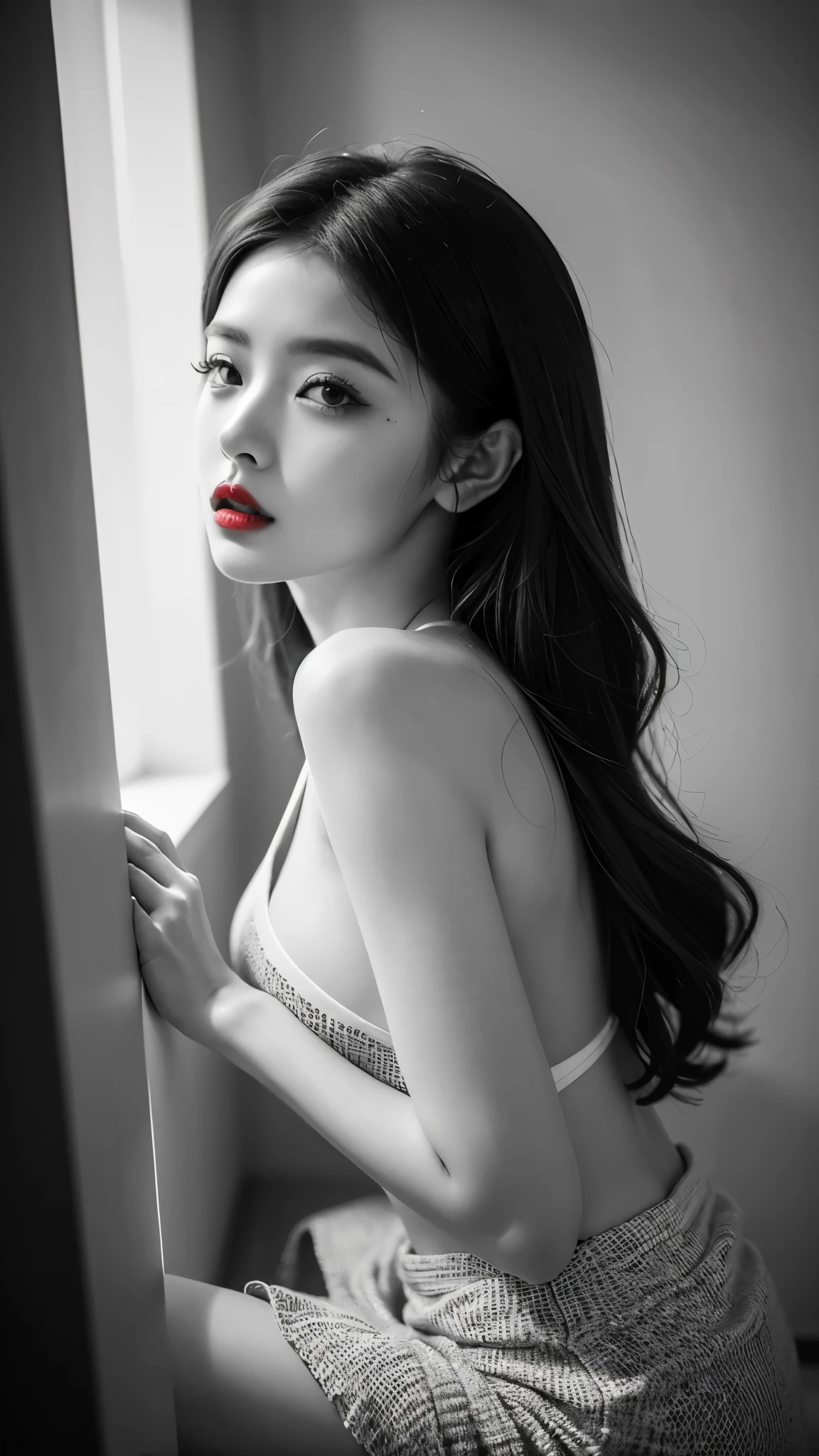 (((Black and White Art:1.2、Black and white photo、RAW photos、Film Grain)))、Beautiful woman、Small nose、((Full lips、Sexy red lips:1.3))、Attractive hairstyle、skirt、best quality、high resolution、high resolution、light、Black and white photo、Professional photographer
