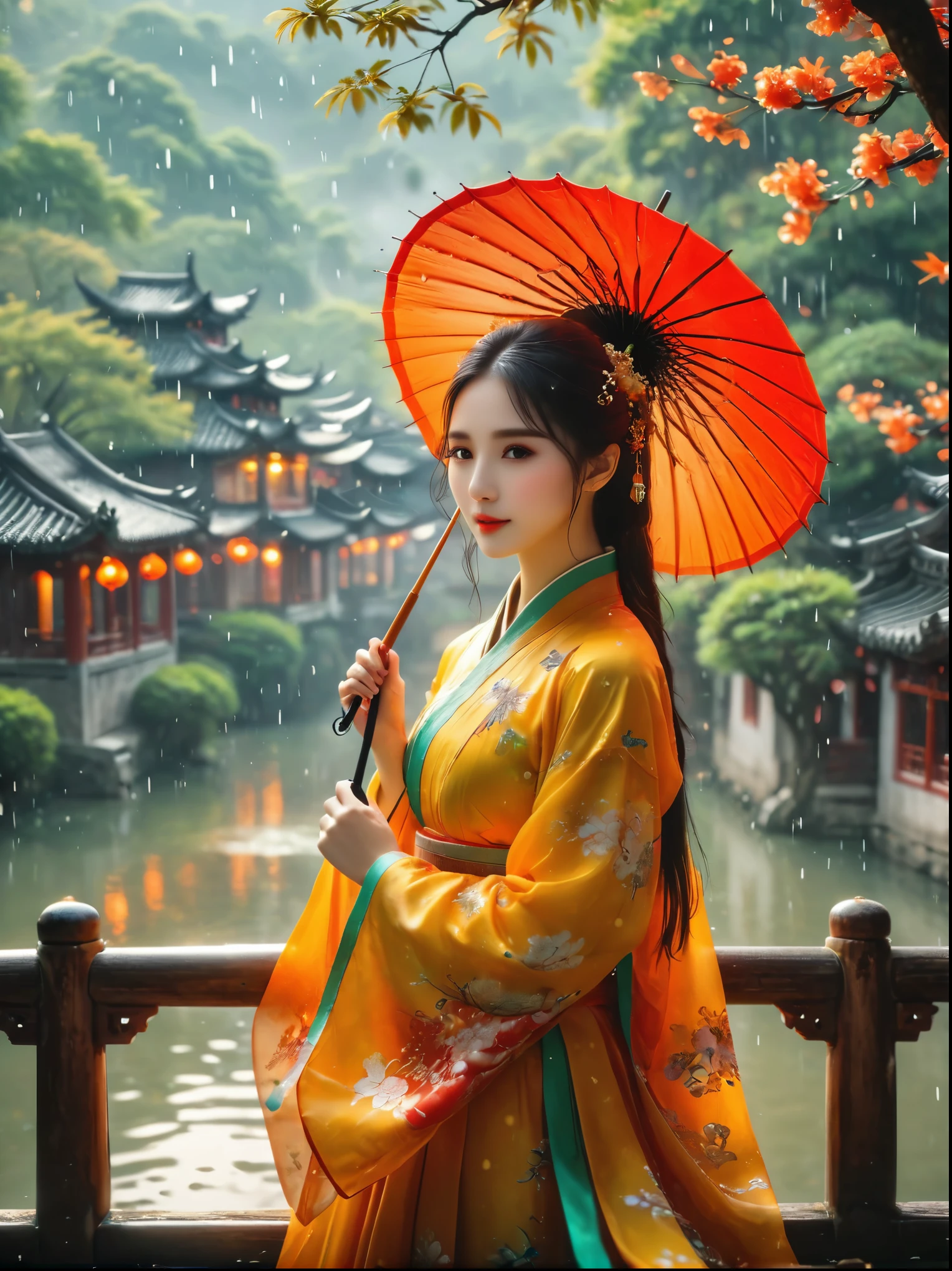 (Best quality，8K，high resolution，masterpiece:1.2)，Ultra Detail，(Girl holding an oil-paper umbrella:1.3)，(Oil-paper umbrella:1.5)，(Girls Focus)，(Close shot)，(beauty细致的眼睛，beauty细致的嘴唇，Extremely detailed eyes and face，Long eyelashes)，Stand on a small bridge，Running Water，Ancient Town，Jiangnan Scenery，antique，Spring rain，light rain，beauty，Traditional Chinese Hanfu，Chinese Architecture，illustration，The image is bright，rich and colorful，Fine details