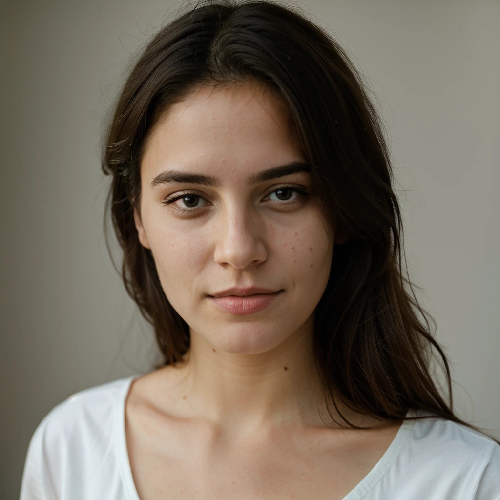 Portrait photoréaliste d&#39;une jeune francaise, 26 ans, avec de longs cheveux chatain  flottants et des yeux bleus saisissants. Elle devrait avoir un naturel, expression accessible et être éclairé par une lumière douce, lumière dorée. la photo est prise sur un toit à Barcelone, elle porte une robe de soirée noire sexy, avec la ville de Barcelone en arrière-plan. Elle se tient à côté du rebord de la fenêtre.Elle a des sein ferme et un gros fessier . 