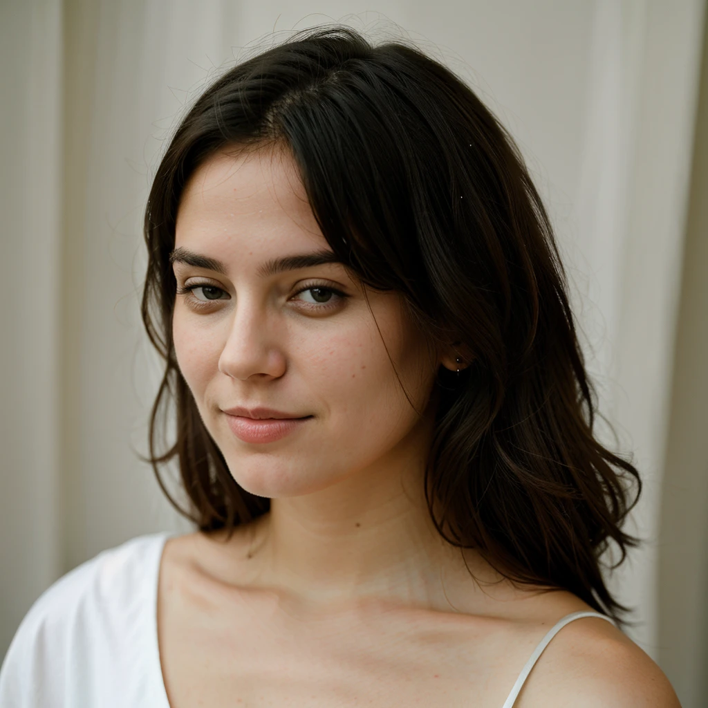 Portrait photoréaliste d'une jeune francaise, 26 ans, avec de longs cheveux chatain flottants et des yeux bleus saisissants. Elle devrait avoir un naturel, expression accessible et être éclairé par une lumière douce, lumière dorée. la photo est prise sur un toit à Barcelone, elle porte une robe de soirée noire sexy, avec la ville de Barcelone en arrière-plan. Elle se tient à côté du rebord de la fenêtre.Elle a des sein ferme et un gros fessier .