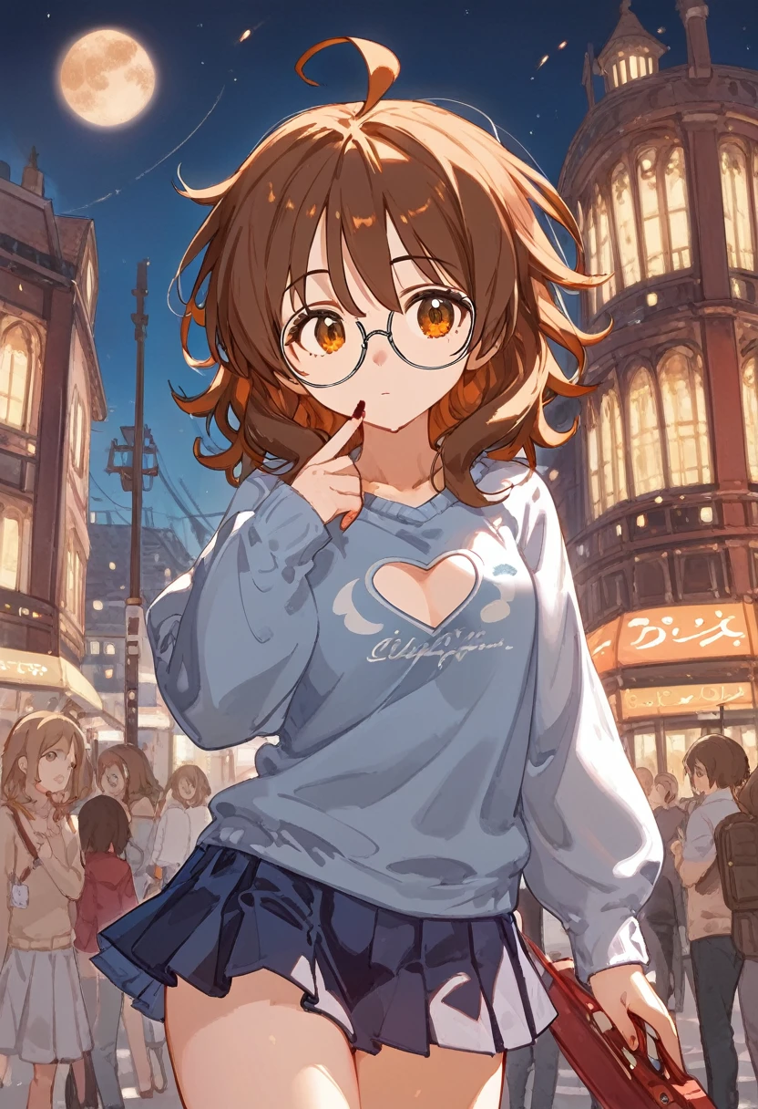 score_9, score_8_superior, One girl, Hina Araki, Under-rim round glasses, Juru, Brown eyes, Brown Hair, Medium Hair, bedhead hair, Ahoge, Messy Hair, Big Hair, Medium chest and beard, Mouth half open, superiorから, Place your hand on your chest , face to tipafter that, Looking into the distance, Contrasting, Dynamic pose, Cinema Lighting, , Deep multi-colored sweater, Heart Cutout Amber Pleated Check_Skirt Ankle socks Light bulb_after that_shoes, Daytime , Blood Moon Altar