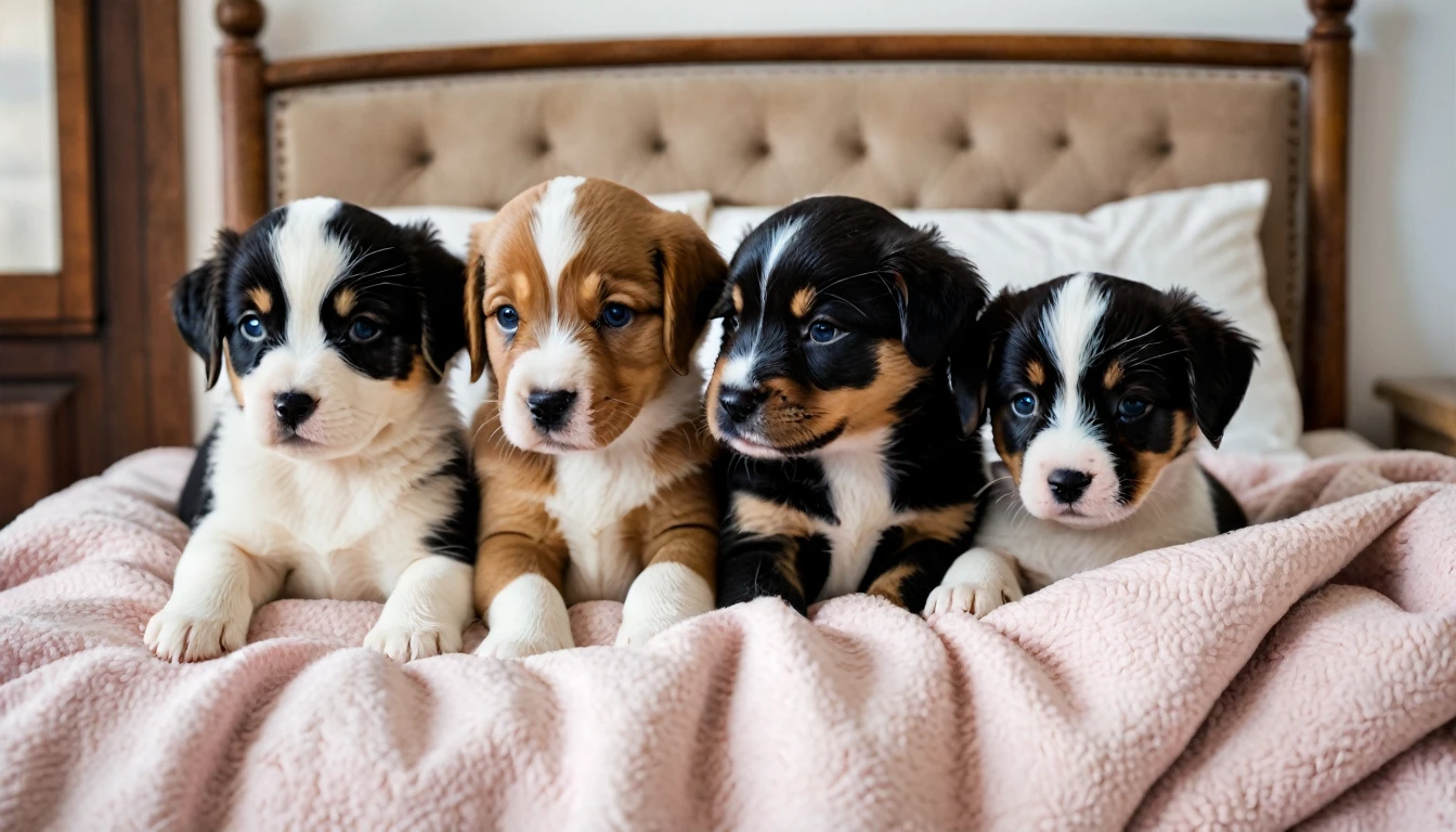 A group of puppies of different breeds, each with their own unique markings and personalities, snuggled together in a cozy bed, dreaming of their next adventure.
