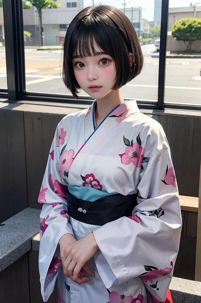 8K,beautiful,(18 year old high school girl:kimono,Bobcut),,beautiful顔,Detailed Hair,sexy,Embarrassing,Embarrassed expression