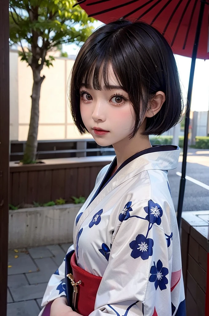 8K,beautiful,(18 year old high school girl:kimono,Bobcut),Baby Face,beautiful顔,Detailed Hair,sexy,Embarrassing,Embarrassed expression