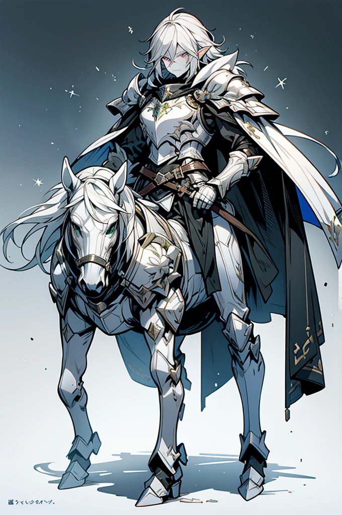 male half elf knight, full body art, silver hair, white skin, emerald iris eye, knight full plate adorned armor, silver cape, perfectly detailed, mounted on a blacked skin horse.