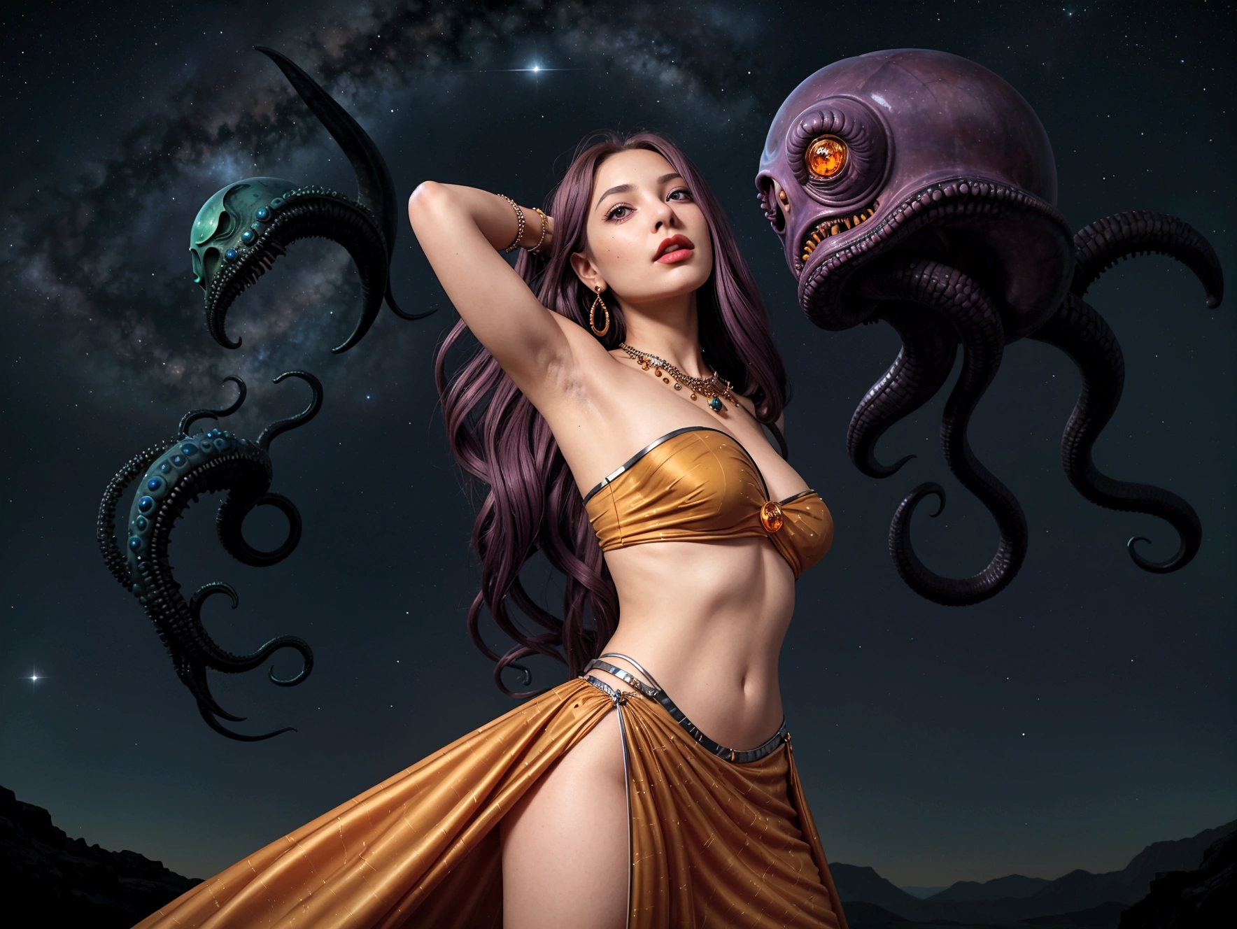 1Girl 32 years old, Long hair, full body pose , looking up at viewer, mauve hair, bare shoulders, green eyes, (jewelry:1.1), full entire body, off shoulder top, mini skirt, red lips, realistic, button nose, flirting with the camera. (cosmic horror unfolding in the background:1.2) Cthulhu's tentacles reaching out for her, She is desperately trying to evade him. (Color palette Amber and steel blue:1.3), rindou