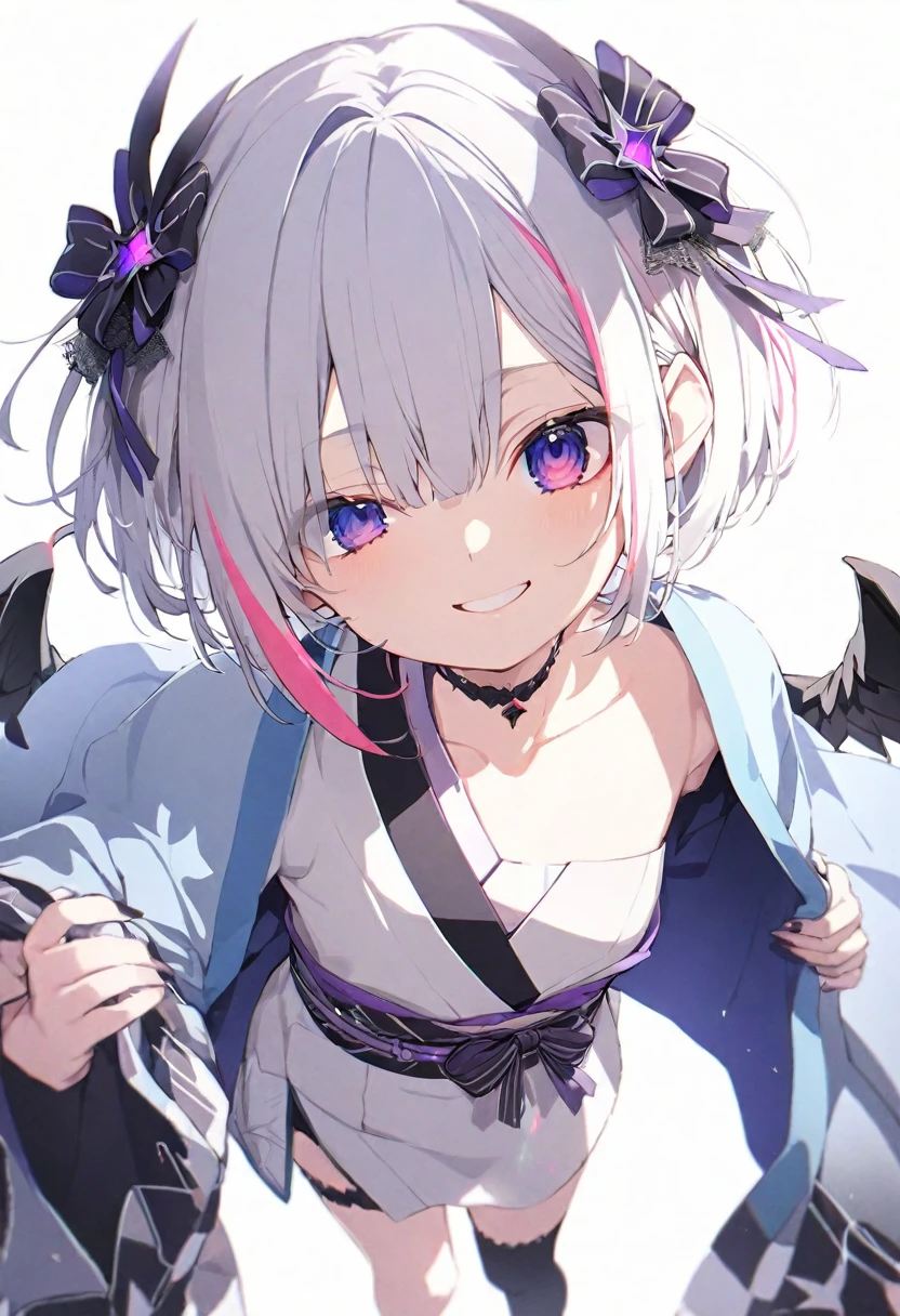 (muste piece), (best quality), very detailed eyes, expressive eyes, perfect face, very detailed face, highly detailed face, beautiful girl, 8K, beautiful girl, white background background, delicate and beautiful face and eyes, dark intense shadow, 
1 girl, vtuber style, cool girl, hololive, amane kanata, streaked hair, short hair, Gorgeous kimono, wearing Haori, japanese hair accessories, small chest, one eye close winking, smile, body visible through clothes, chest visible through clothes, (full body), looking at viewer, standing,