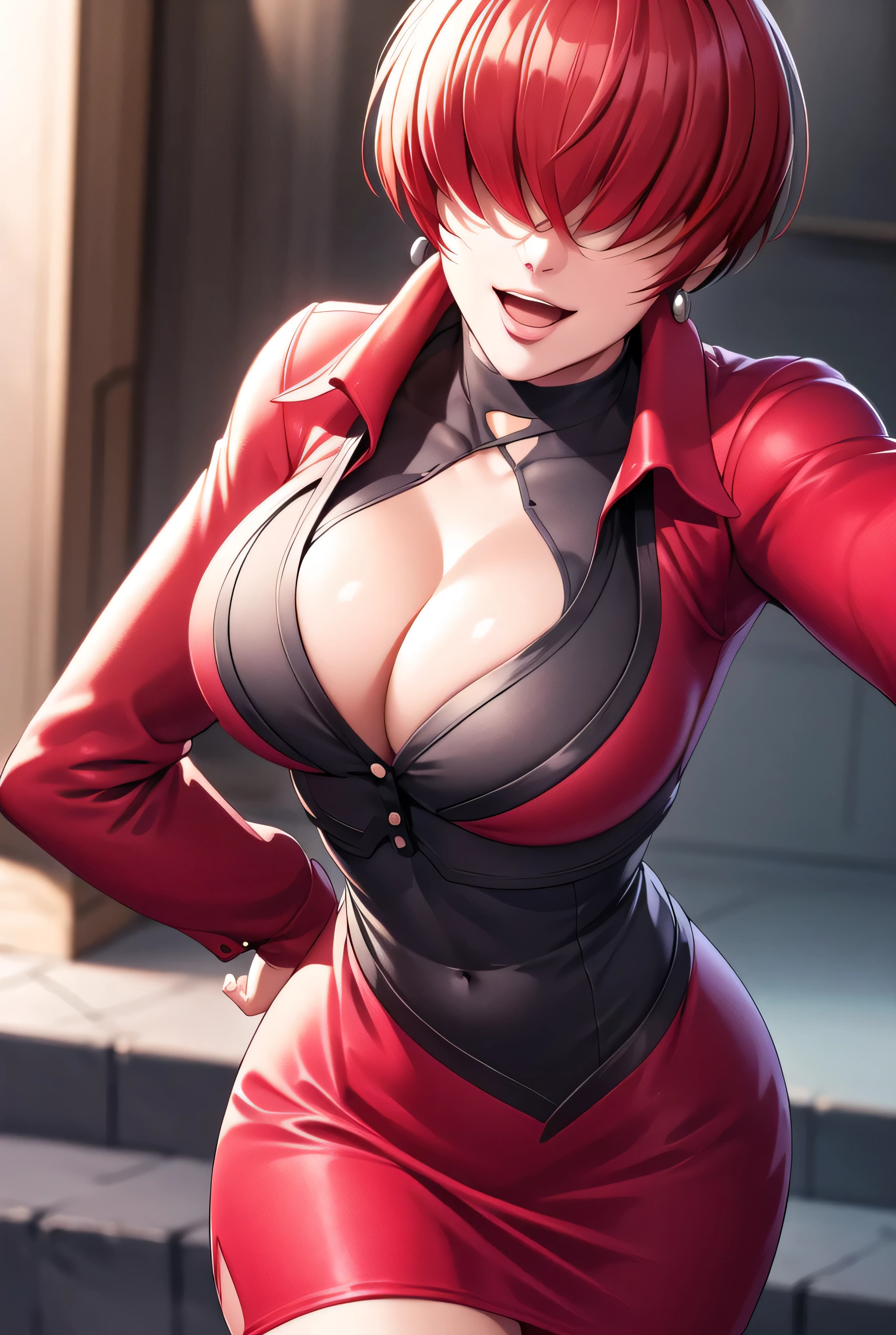,
Red outfit,Red jacket,choker, cleavage cutout, clothing cutout,
earrings,
Red hair,bangs,((hair over eyes)),
1 girl, 20yo,Young female,Beautiful Finger,Beautiful long legs,Beautiful body,Beautiful Nose,Beautiful character design, evil face,
looking down at viewer,(Focus on her face),open mouth,too evil_Smile,
official art,extremely detailed CG unity 8k wallpaper, perfect lighting,Colorful, Bright_Front_face_Lighting,shiny skin,
(masterpiece:1.0),(best_quality:1.0), ultra high res,4K,ultra-detailed,
photography, 8K, HDR, highres, absurdres:1.2, Kodak portra 400, film grain, blurry background, bokeh:1.2, lens flare, (vibrant_color:1.2),professional photograph,
(Beautiful,large_Breasts:1.4), (beautiful_face:1.5),(narrow_waist),conceit,smile worst,worst ridecule,evil moukery,hand on hip,upper body,two hand,