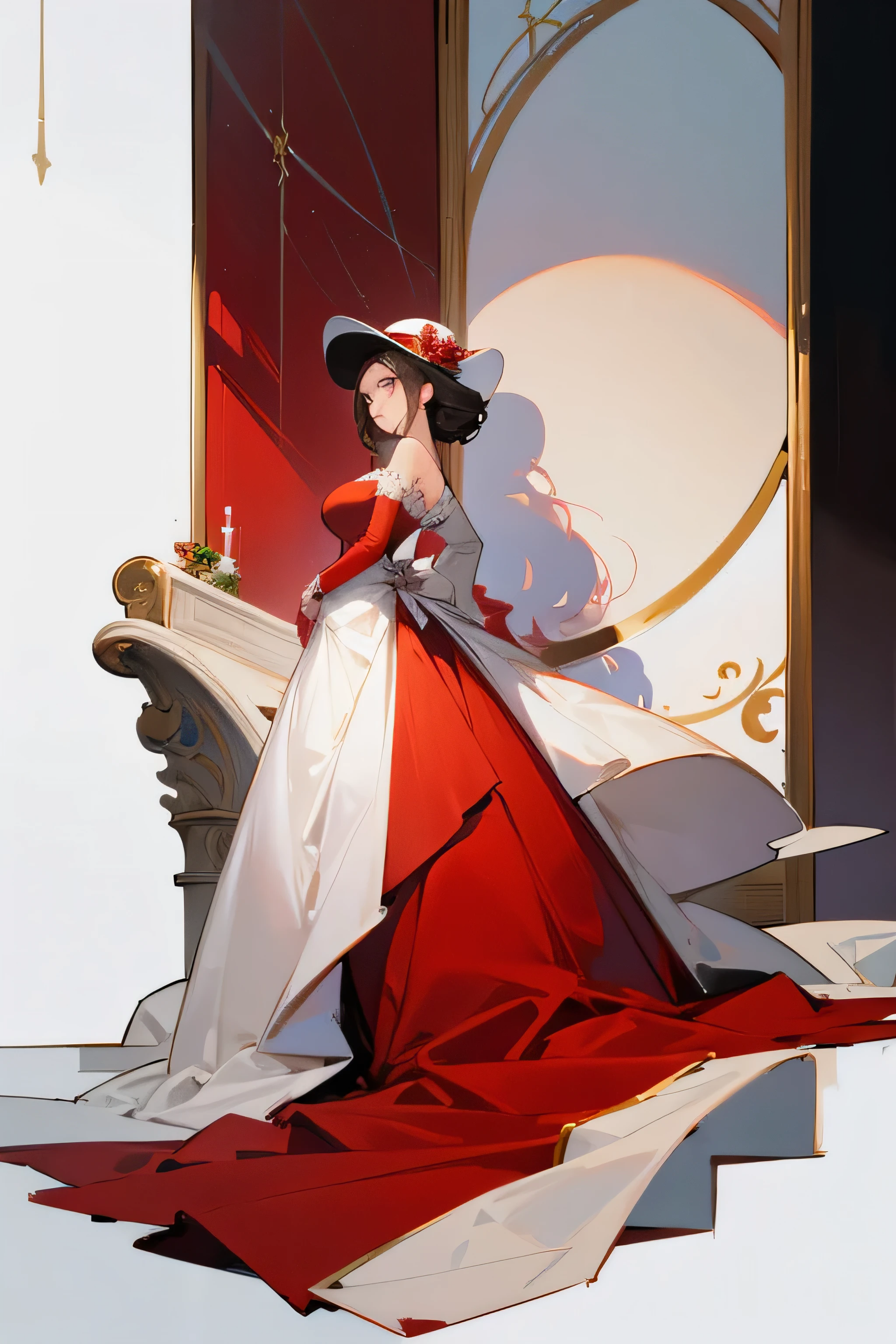 A mature and youthful anime woman, seductive and elegant personality, in a long red and white classy gown, with long sleeve and a really long train attached to her dress, and she is also wearing a hat, pose with a portrait like image, her shoulders up, one hand holding a rose, the other hand stroking her chin gently, and facing towards her from the her back view 