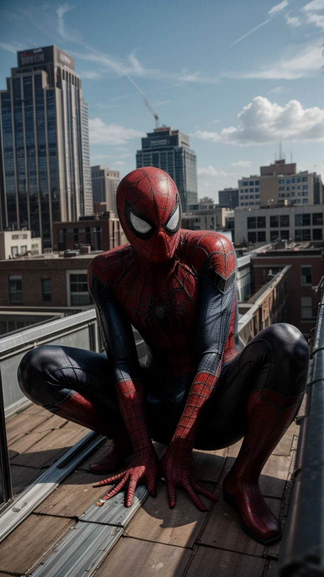 spiderman with spider-girl both on rooftop,Extremely Realistic,perfecteyes